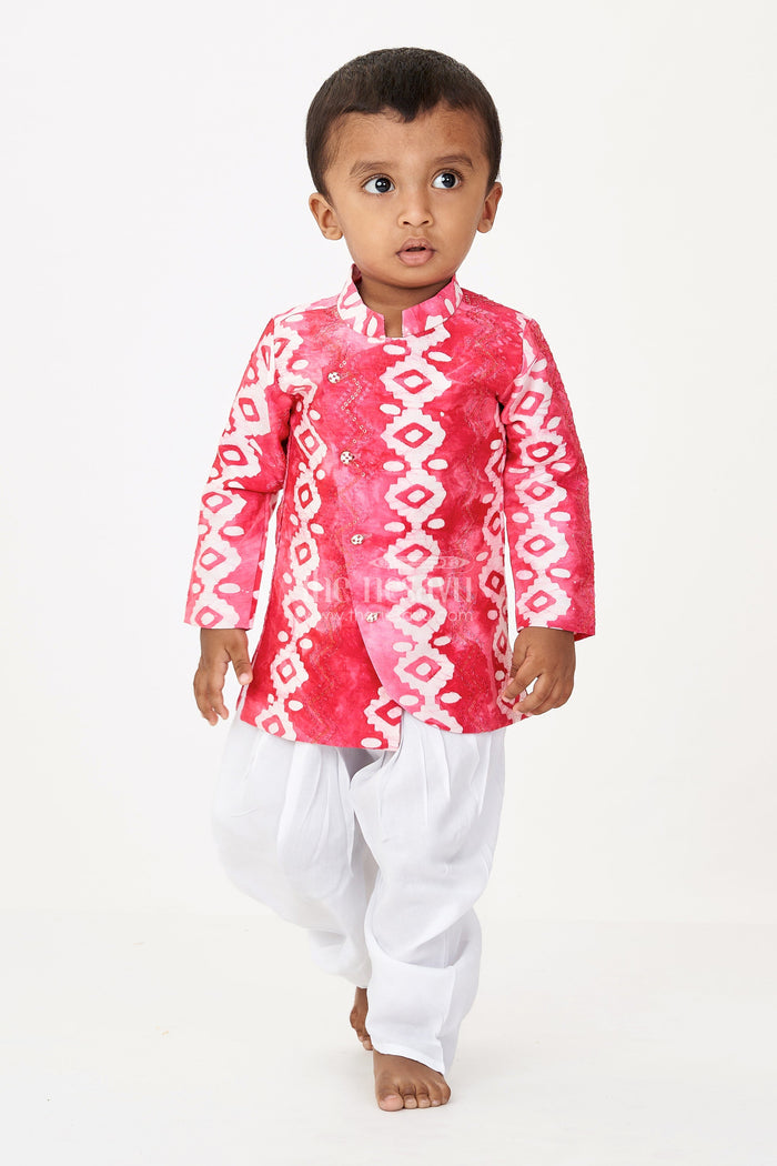 The Nesavu Boys Dothi Set Boys Ethnic Suit in Red Batik Chanderi Cotton with Sequin Embroidery and White Dhoti Bottom Nesavu 10 (NB) / Pink BES685B-10 Nesavu Boys Ethnic Suit Newborn Red Batik Chanderi Cotton Sequin Work Dhoti