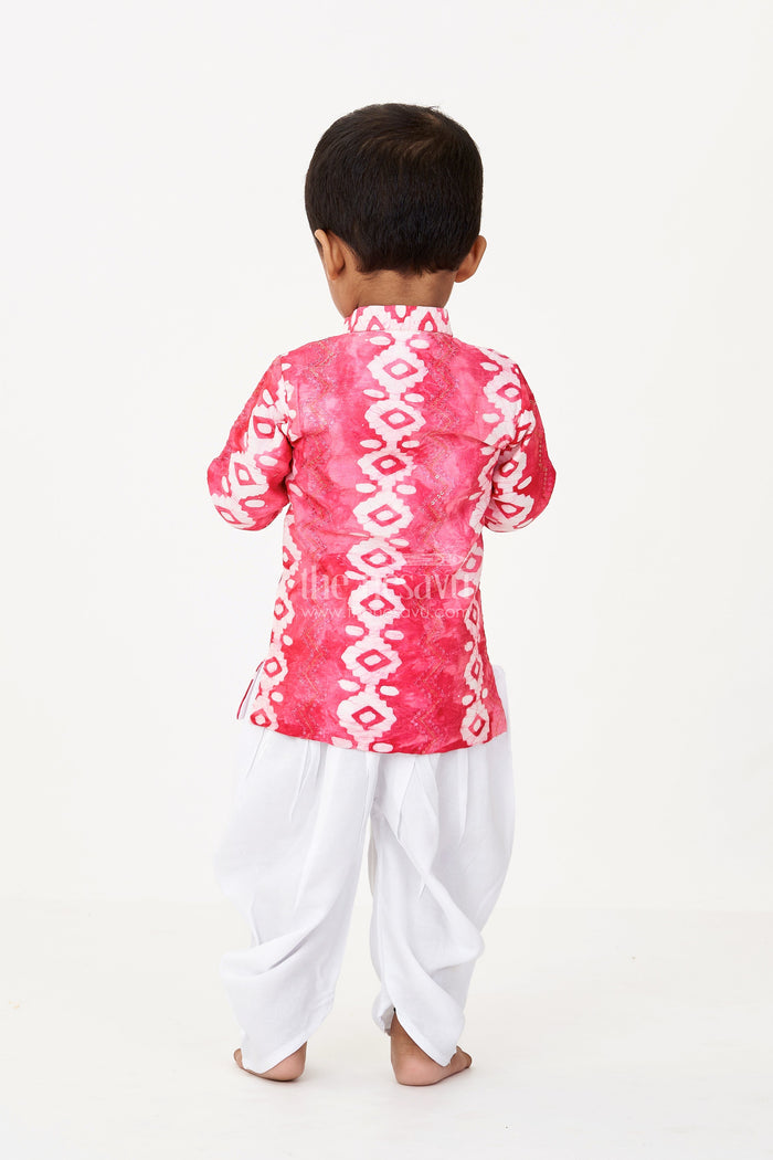 The Nesavu Boys Dothi Set Boys Ethnic Suit in Red Batik Chanderi Cotton with Sequin Embroidery and White Dhoti Bottom Nesavu Boys Ethnic Suit Newborn Red Batik Chanderi Cotton Sequin Work Dhoti | The Nesavu