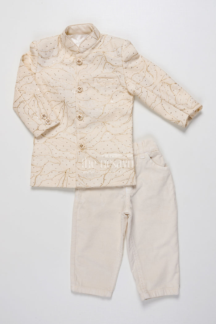 The Nesavu Boys Casual Set Boys Ethnic Wear Set In Raw Silk for Wedding and Festive Occasions Nesavu Nesavu boys ethnic set cream raw silk designer embroidery wedding occasions