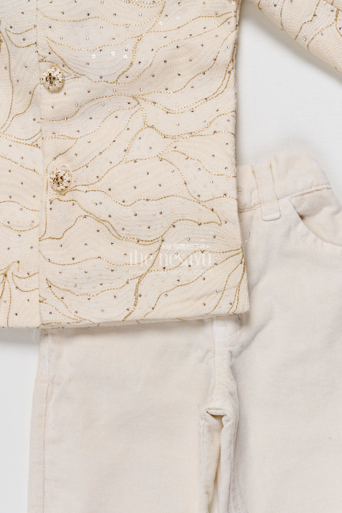 The Nesavu Boys Casual Set Boys Ethnic Wear Set In Raw Silk for Wedding and Festive Occasions Nesavu Nesavu boys ethnic set cream raw silk designer embroidery wedding occasions