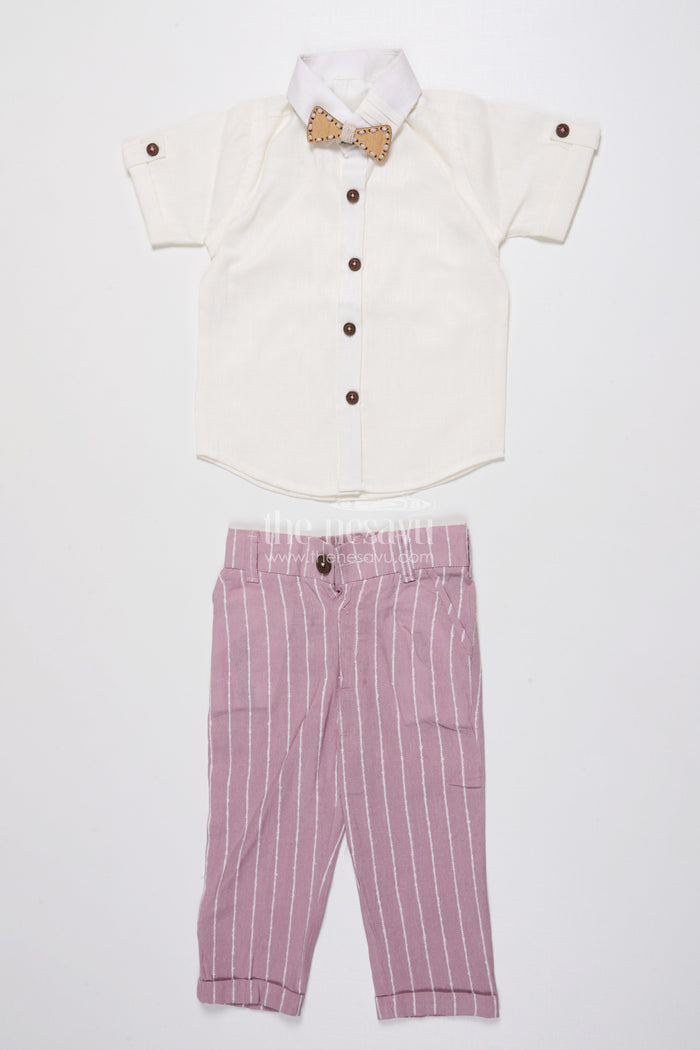 The Nesavu Boys Blazer Set Boys Festive Blazer Set with Jacquard Stripes and Bow Tie Detail Nesavu Nesavu boys jacquard blazer suit set bow tie  formal party outfit