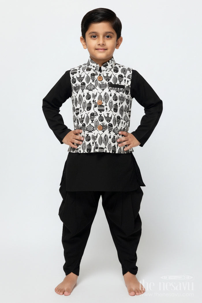 The Nesavu Boys Jacket Sets Boys Festive Jacket Set with Digital Print for Weddings and Birthdays Nesavu 12 (3M) / Black BES717A-12 Nesavu boys silk blend festive jacket set digital print birthday ethnic celebrations