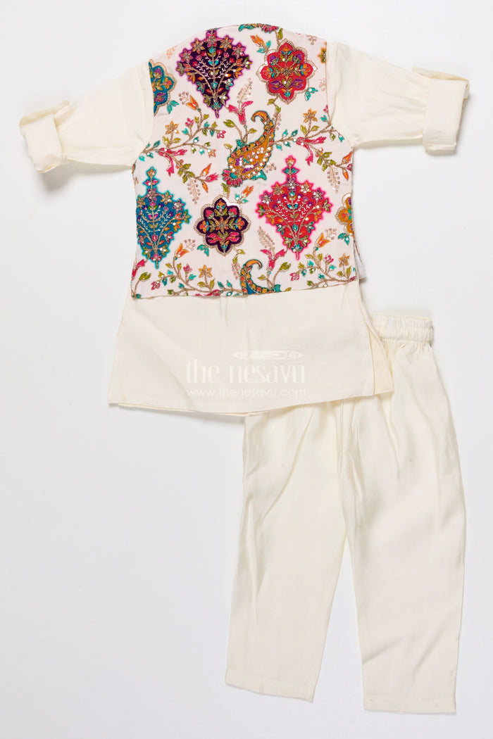 The Nesavu Boys Jacket Sets Boys Festive Jacket Set with Embroidered Details for Weddings and Parties Nesavu Nesavu boys embroidered festive jacket set muslin silk weddings family celebrations