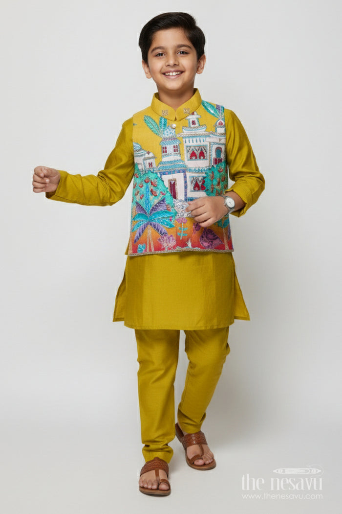 The Nesavu Boys Jacket Sets Boys Festive Jacket Set with Embroidered Digital Print for Weddings Nesavu 16 (1Y) / Green BES847A-16 Nesavu boys ethnic jacket set embroidered digital print weddings festive functions