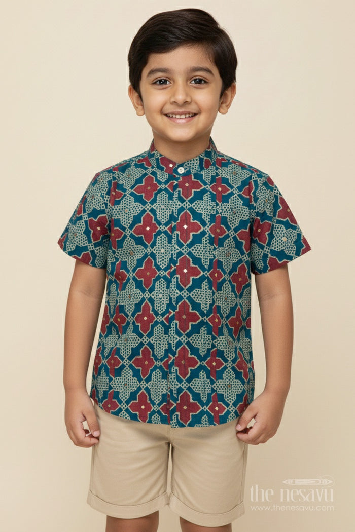 The Nesavu Boys Cotton Shirt Boys Festive Printed Shirt for Ethnic Day and Casual Functions Nesavu 14 (6M) / Green BS261B-14 Nesavu boys digital printed modal silk shirt ethnic day school events festive wear