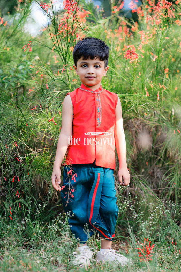 The Nesavu Boys Dothi Set Boys Festive Red Sleeveless Kurta with Embroidery Design & Green Panchagajam Nesavu 18 (2Y) / Red / Silk Blend BES473A-18 Traditional Boys Red Embroidered Kurta & Green Panchagajam Set | The Nesavu