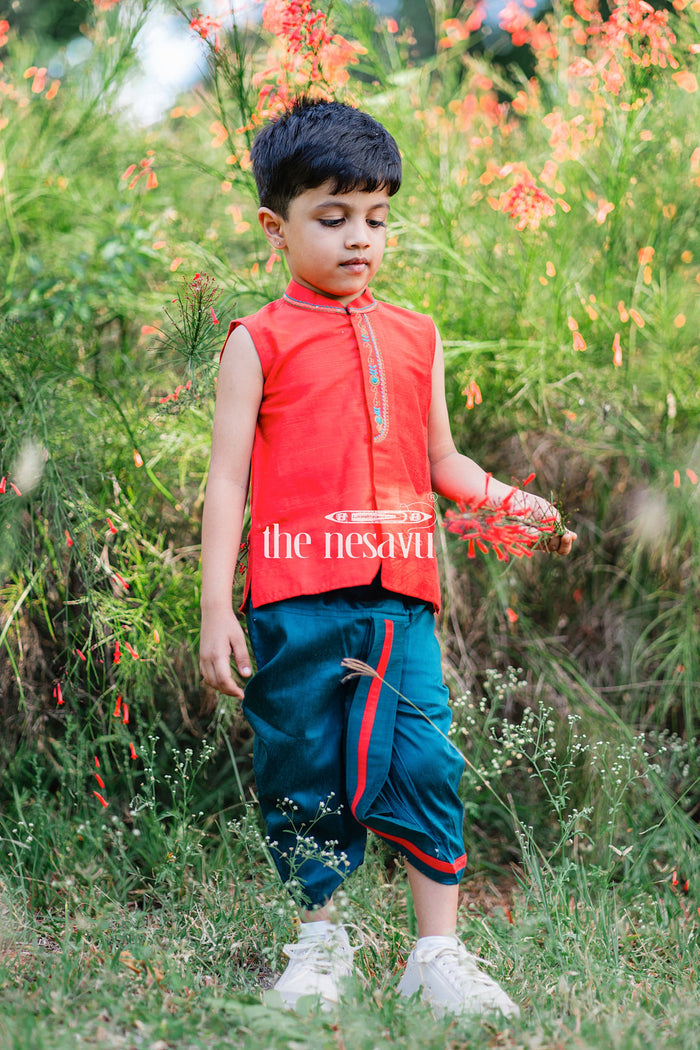 The Nesavu Boys Dothi Set Boys Festive Red Sleeveless Kurta with Embroidery Design & Green Panchagajam Nesavu Traditional Boys Red Embroidered Kurta & Green Panchagajam Set | The Nesavu