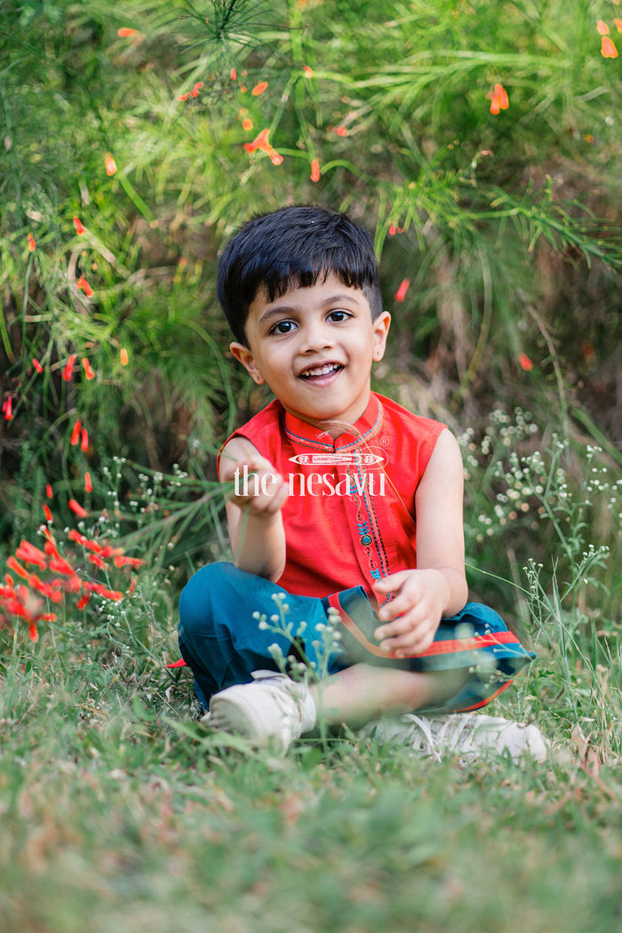 The Nesavu Boys Dothi Set Boys Festive Red Sleeveless Kurta with Embroidery Design & Green Panchagajam Nesavu Traditional Boys Red Embroidered Kurta & Green Panchagajam Set | The Nesavu