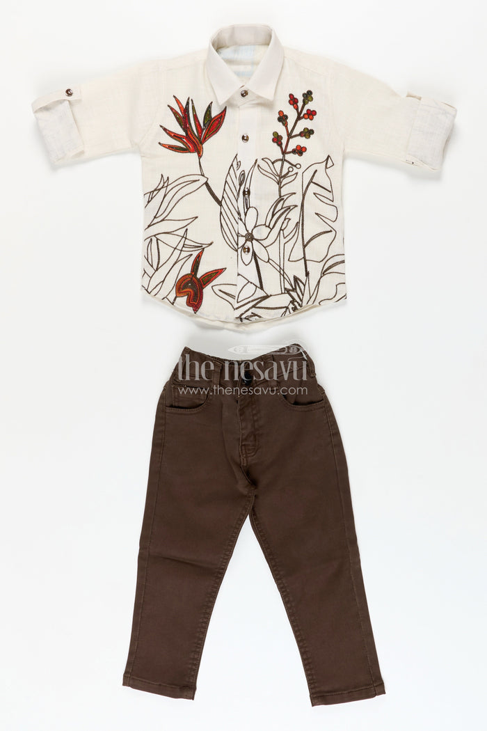 The Nesavu Boys Casual Set Boys Floral Embroidered Cotton Shirt with Trousers Casual Festive Wear Nesavu 16 (1Y) / Half white BES901A-16 Nesavu boys casual cotton outfit floral embroidery  perfect everyday festive looks