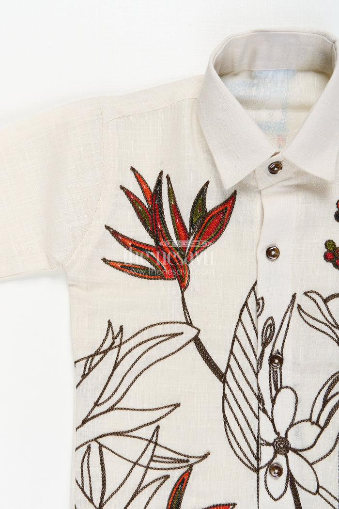 The Nesavu Boys Casual Set Boys Floral Embroidered Cotton Shirt with Trousers Casual Festive Wear Nesavu Nesavu boys casual cotton outfit floral embroidery  perfect everyday festive looks