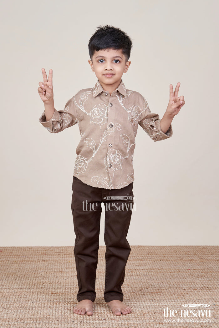The Nesavu Boys Casual Set Boys Floral Embroidered Cotton Shirt with Trousers Stylish Everyday Wear Nesavu 16 (1Y) / Brown BES899A-16 Nesavu boys embroidered shirt trousers  casual ethnic-inspired daily wear