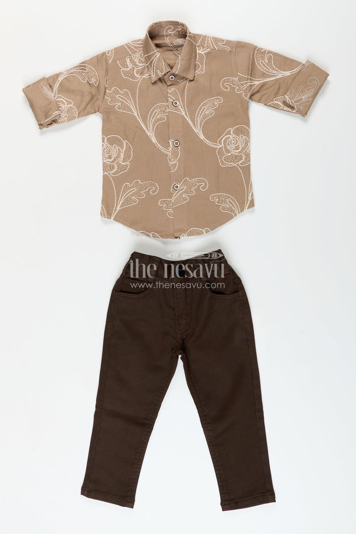 The Nesavu Boys Casual Set Boys Floral Embroidered Cotton Shirt with Trousers Stylish Everyday Wear Nesavu Nesavu boys embroidered shirt trousers  casual ethnic-inspired daily wear
