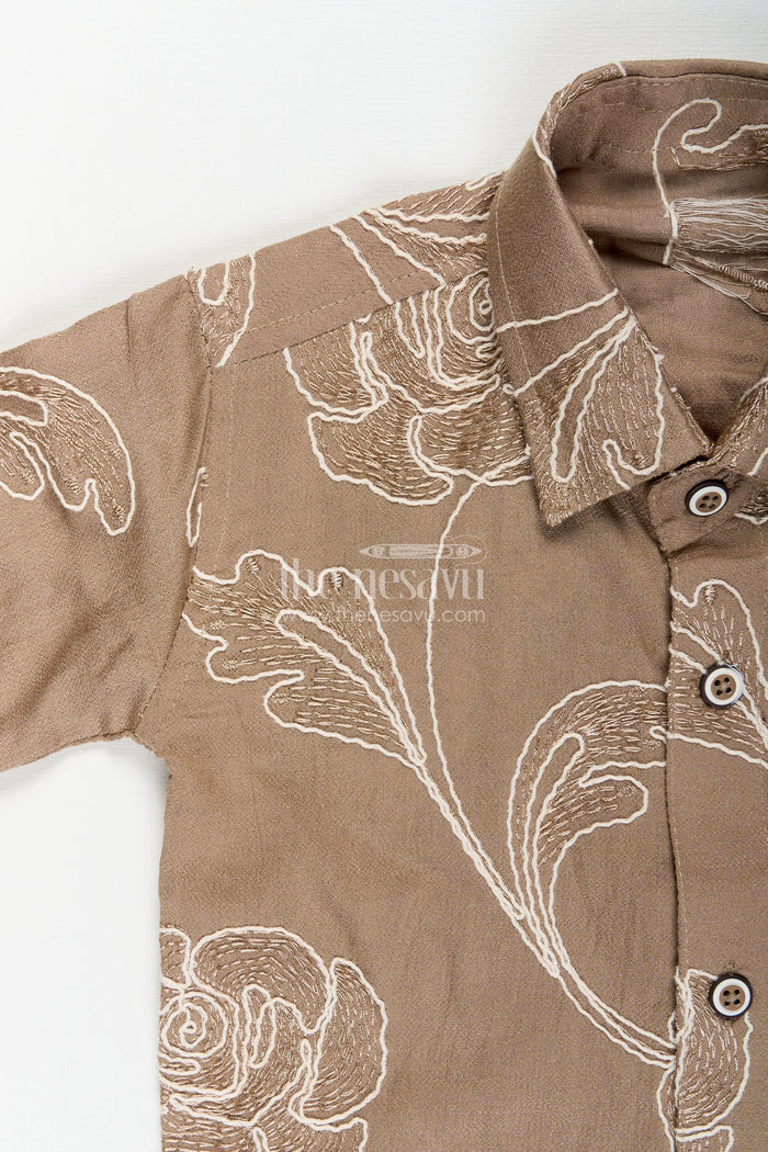 The Nesavu Boys Casual Set Boys Floral Embroidered Cotton Shirt with Trousers Stylish Everyday Wear Nesavu Nesavu boys embroidered shirt trousers  casual ethnic-inspired daily wear