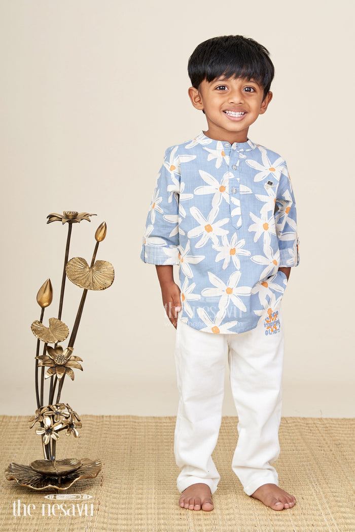 The Nesavu Boys Casual Set Boys floral printed shirt and pants cotton set for vacations and outings Nesavu Nesavu boys floral printed cotton set belt pants  ideal travel casual outings