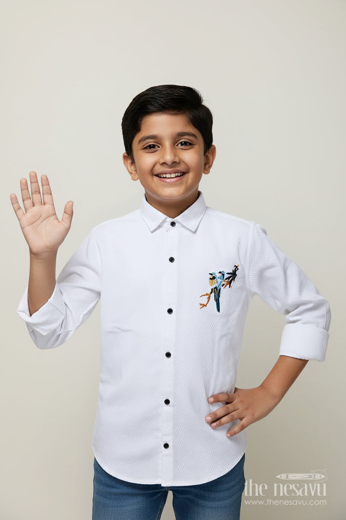 The Nesavu Boys Cotton Shirt Boys Full Sleeve Shirt for Festive Events and Family Outings Nesavu 30 (8Y) / Half white BS348B-30 Nesavu boys full sleeve shirt designer embroidery festive occasions family events