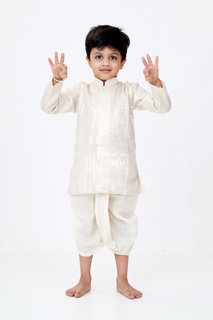 The Nesavu Boys Dothi Set Boys Gold Shimmer Tissue Inspired Dothi Set with Long Sleeve Shirt Nesavu 10 (NB) / Gold BES594E-10 Boys Gold Shimmer Tissue Dothi Set Nesavu Regal Attire Weddings Festive Occasions