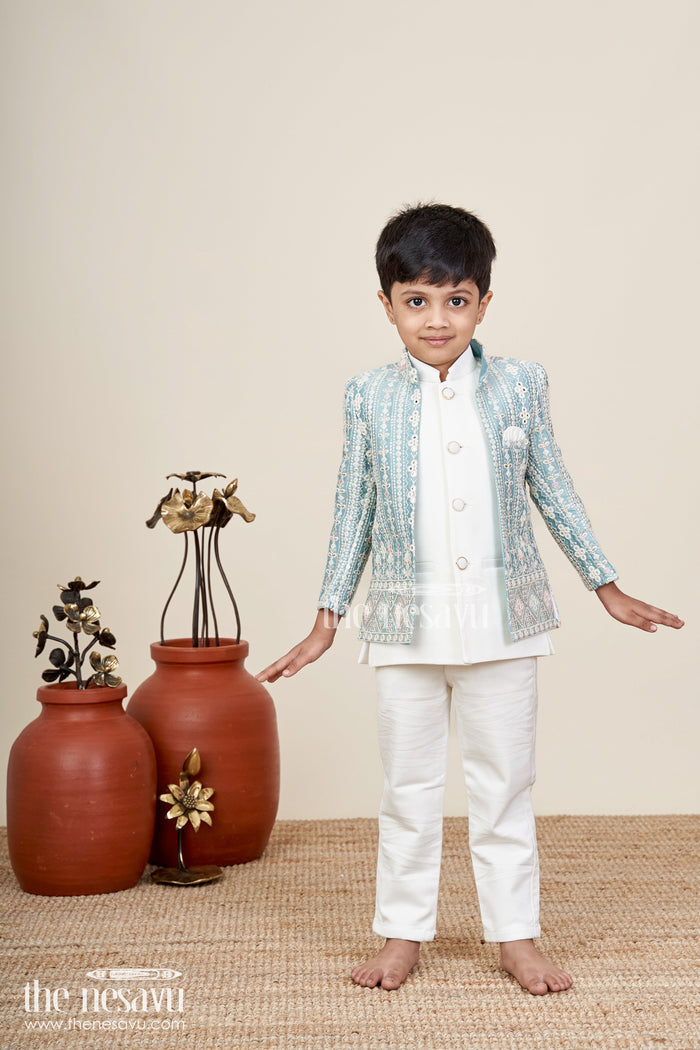 The Nesavu Boys Jacket Sets Boys green embroidered jacket set with white kurta pajama Nesavu 14 (6M) / Green BES881A-14 Nesavu boys light green jacket kurta set with thread embroidery