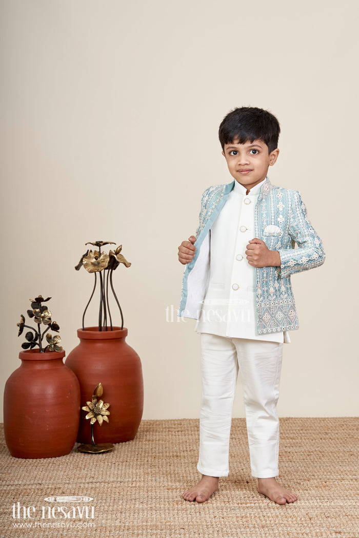 The Nesavu Boys Jacket Sets Boys green embroidered jacket set with white kurta pajama Nesavu Nesavu boys light green jacket kurta set with thread embroidery