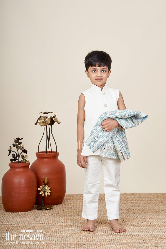 The Nesavu Boys Jacket Sets Boys green embroidered jacket set with white kurta pajama Nesavu Nesavu boys light green jacket kurta set with thread embroidery