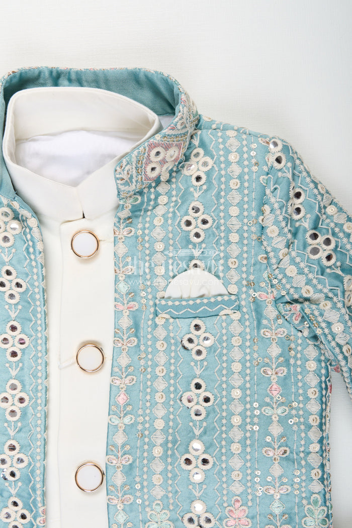 The Nesavu Boys Jacket Sets Boys green embroidered jacket set with white kurta pajama Nesavu Nesavu boys light green jacket kurta set with thread embroidery