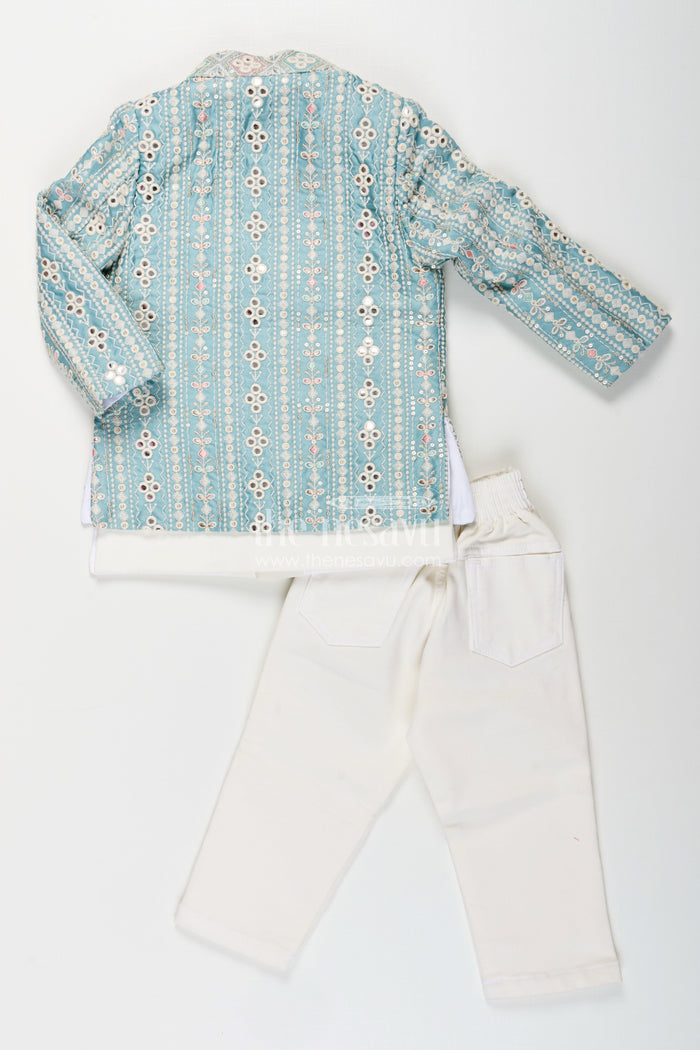 The Nesavu Boys Jacket Sets Boys green embroidered jacket set with white kurta pajama Nesavu Nesavu boys light green jacket kurta set with thread embroidery