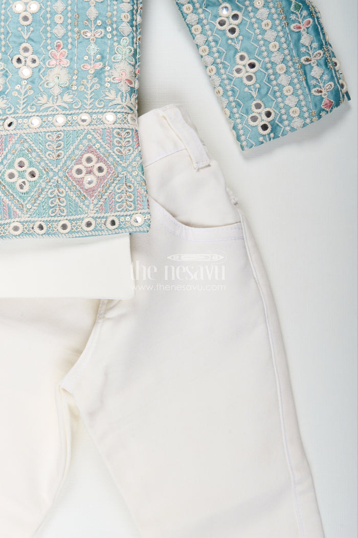 The Nesavu Boys Jacket Sets Boys green embroidered jacket set with white kurta pajama Nesavu Nesavu boys light green jacket kurta set with thread embroidery