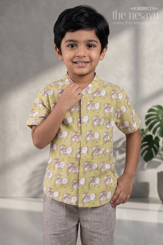 The Nesavu Boys Cotton Shirt Boys Green Pitchwai Cow Printed Casual Cotton Shirt By The Nesavu Nesavu 14 (6M) / Green / Cotton BS043A-14 Boys Casual Wear | The Nesavu