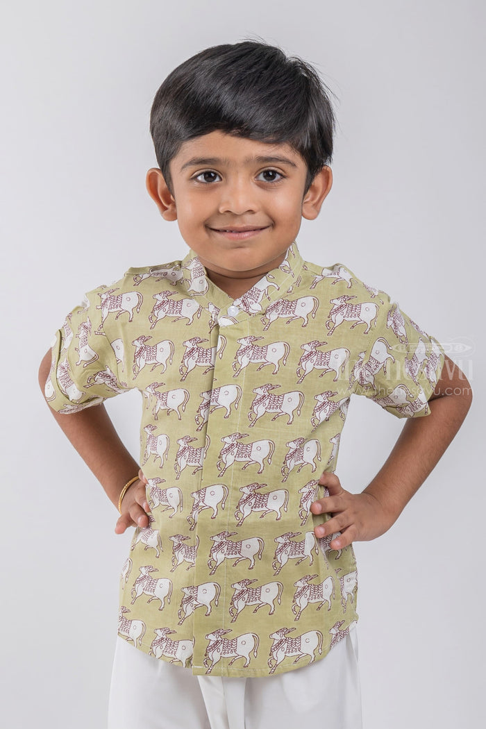 The Nesavu Boys Cotton Shirt Boys Green Pitchwai Cow Printed Casual Cotton Shirt by The Nesavu psr silks Nesavu