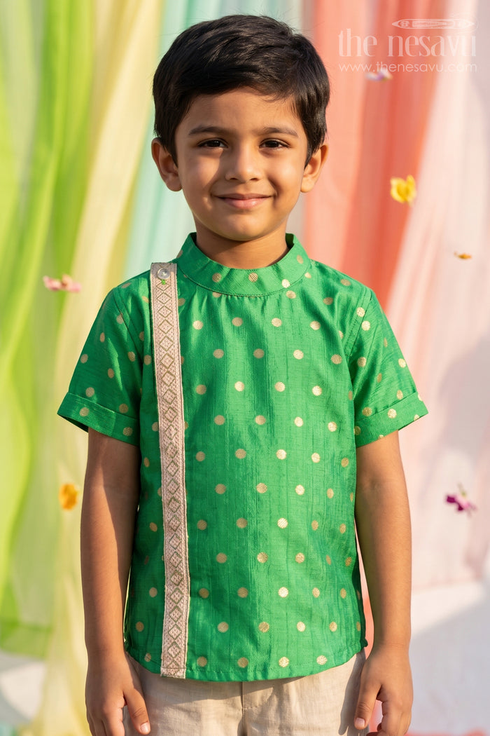 The Nesavu Boys Silk Shirt Boys Banaras Silk Shirt Dress with Gold Buttas and Side Embellishment in Festive Green Tone Nesavu 16 (1Y) / Green BS252B-16 Boys Banaras Silk Shirt Dress Golden Dot Pattern Decorative Trim Green | The Nesavu