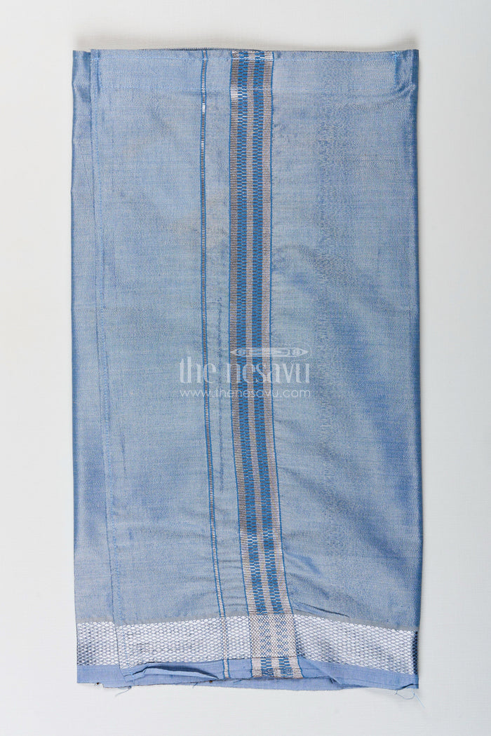 The Nesavu Boys Vesti Boys Grey Tissue Dhoti with Silver Border for a Modern Take On Ethnic Elegance in Dhoti Fashion Nesavu 16 (1Y) / Gray D022C-16 Boys Dhoti Fashion Grey Tissue Silver Zari Contemporary Ethnic Elegance | The Nesavu