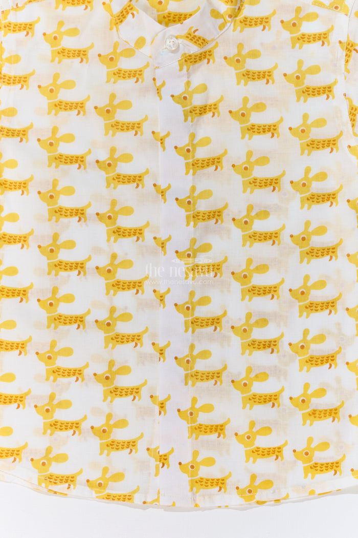 The Nesavu Boys Cotton Shirt Boys Half Sleeve Yellow Shirt in Cotton Block Print with Fun Dog Print Nesavu Boys Half Sleeve Yellow Shirt Cotton Block Print Playful Dog Print | The Nesavu