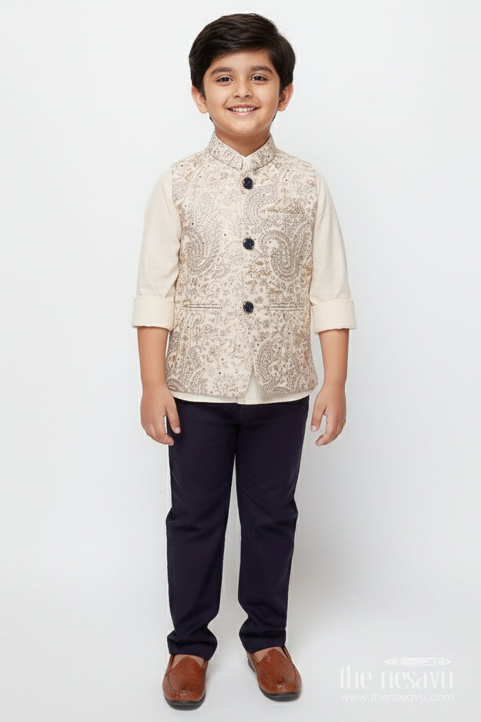 The Nesavu Boys Jacket Sets Boys Jacket Kurta Set with Embroidery for Wedding Functions and Ethnic Day Nesavu 16 (1Y) / Cream BES936A-16 Nesavu boys embroidered jacket kurta set festive wear weddings school events traditional occasions