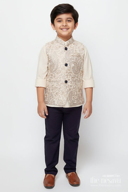 The Nesavu Boys Jacket Sets Boys Jacket Kurta Set with Embroidery for Wedding Functions and Ethnic Day Nesavu 16 (1Y) / Cream BES936A-16 Nesavu boys embroidered jacket kurta set festive wear weddings school events traditional occasions