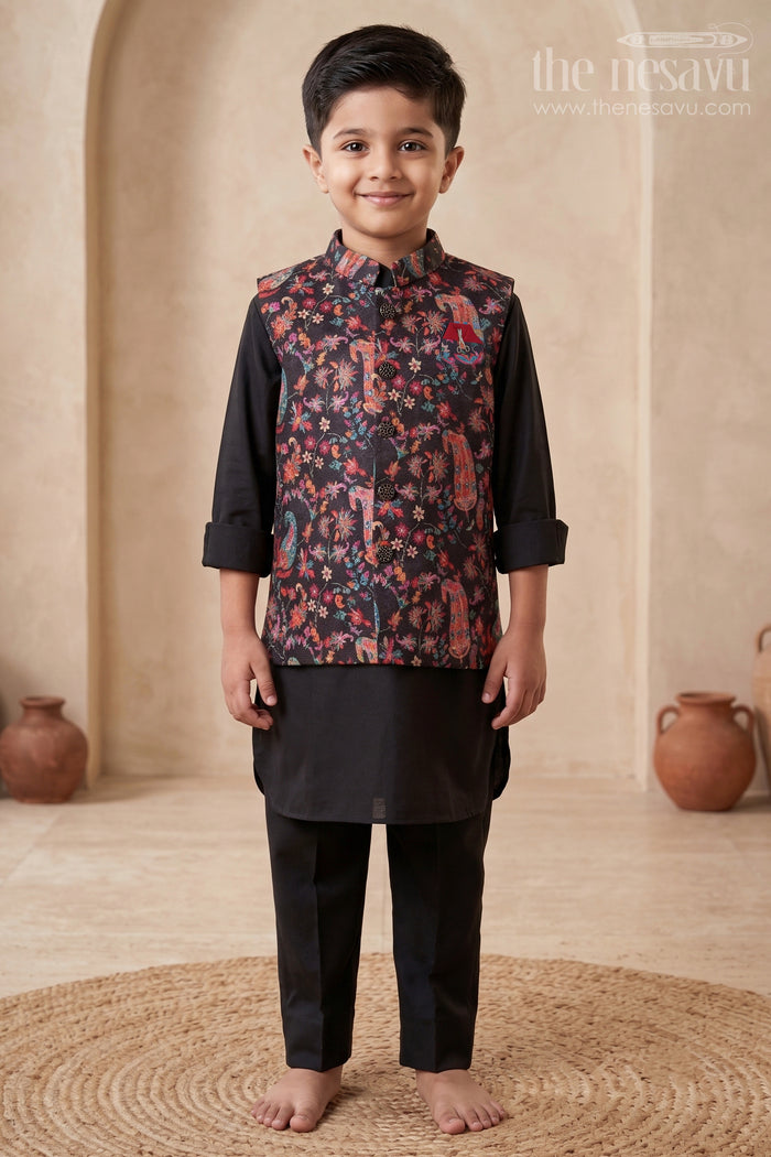 The Nesavu Boys Jacket Sets Boys Jacket Set for Weddings and Traditional Events Nesavu 16 (1Y) / Black BES911A-16 Nesavu boys jacket kurta set festive digital print weddings ethnic school days