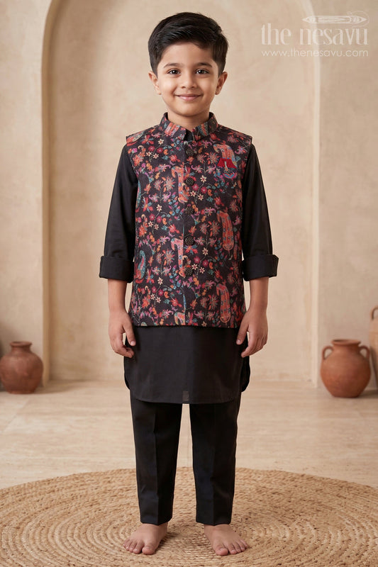 The Nesavu Boys Jacket Sets Boys Jacket Set for Weddings and Traditional Events Nesavu 16 (1Y) / Black BES911A-16 Nesavu boys jacket kurta set festive digital print weddings ethnic school days