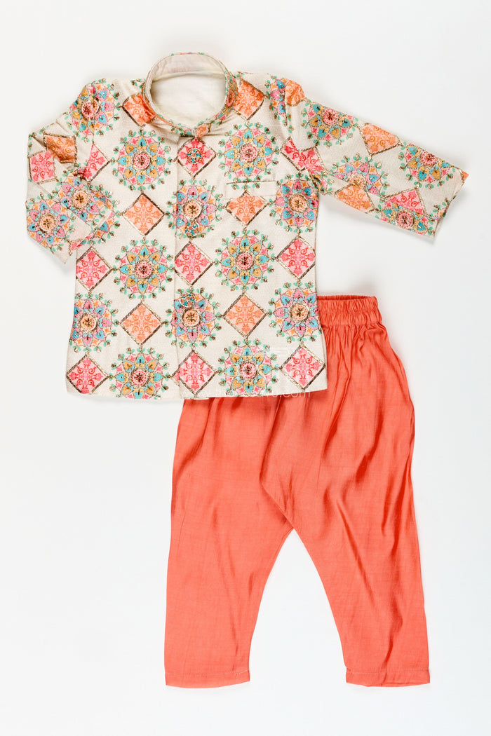 The Nesavu Boys Dothi Set Boys kurta dhoti and pajama set for birthday and traditional functions Nesavu 12 (3M) / Pink BES805B-12 Nesavu boys silk blend kurta dhoti pajama set festive print birthdays poojas