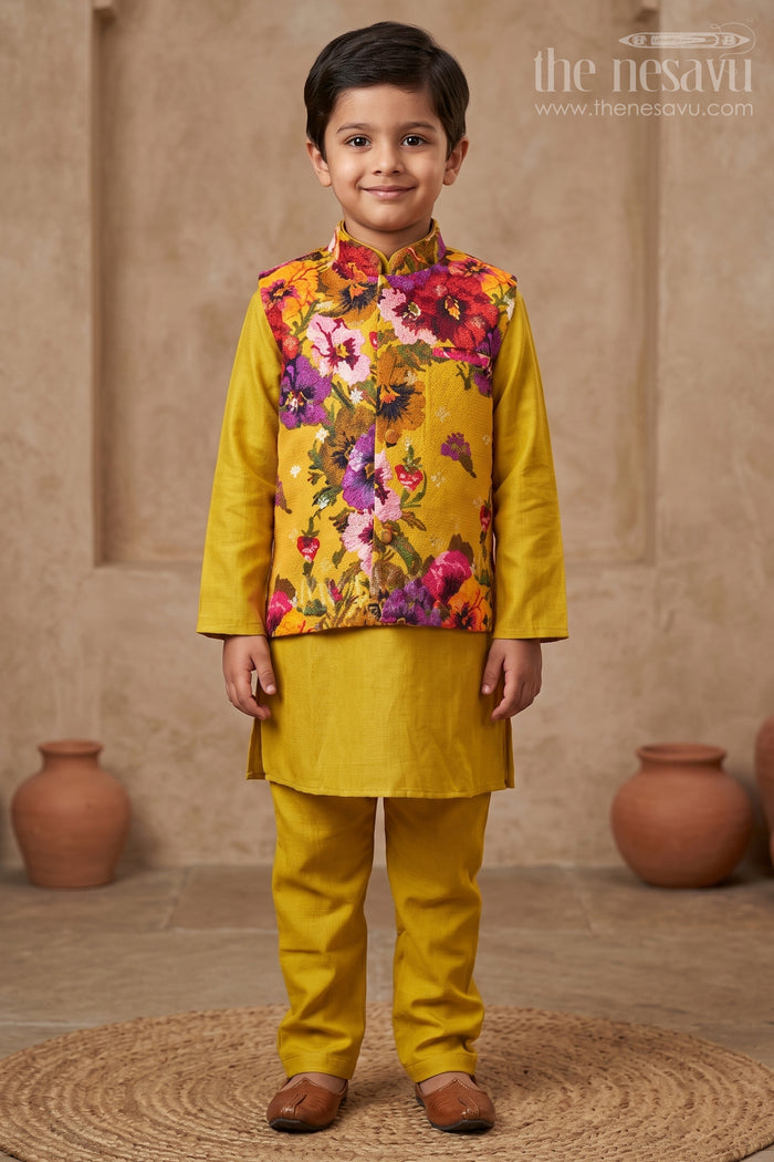 The Nesavu Boys Kurtha Set Boys Kurta Pajama and Jacket Set in Viscose Blend with Floral Digital Print and Embroidered Sequins Nesavu 16 (1Y) / Green BES672A-16 Boys Kurta Pajama Jacket Set Digital Floral Print Embroidery Viscose Blend | The Nesavu