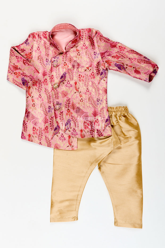 The Nesavu Boys Dothi Set Boys kurta pajama set with bird print for cultural and temple wear Nesavu 12 (3M) / Pink BES809B-12 Nesavu boys kurta pajama set nature-inspired digital bird print cultural events