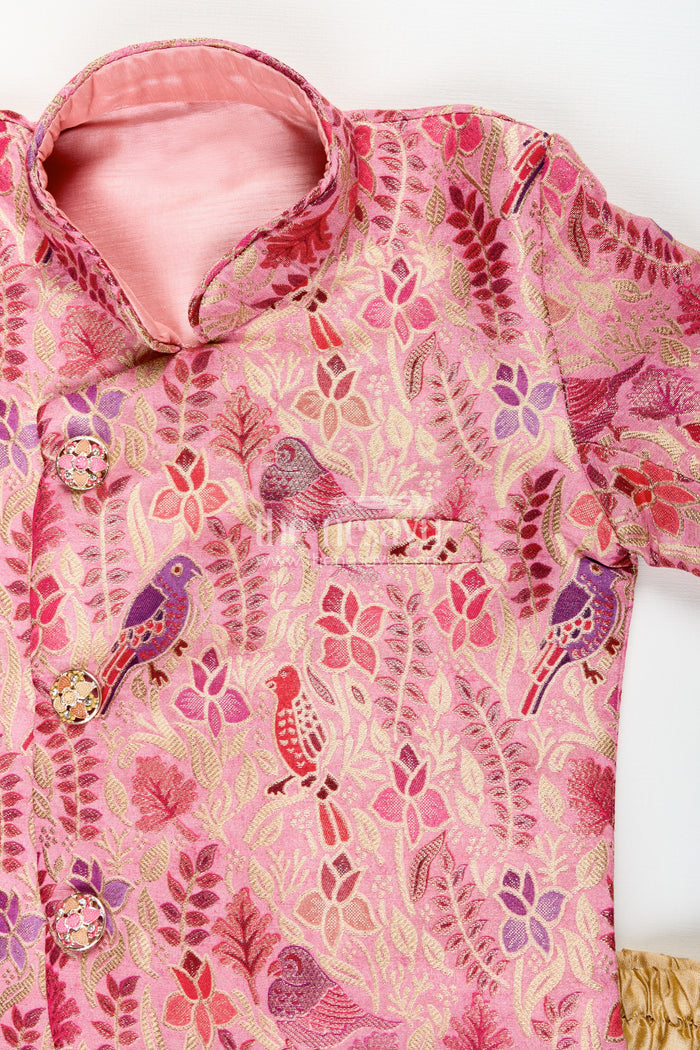 The Nesavu Boys Dothi Set Boys kurta pajama set with bird print for cultural and temple wear Nesavu Nesavu boys kurta pajama set nature-inspired digital bird print cultural events