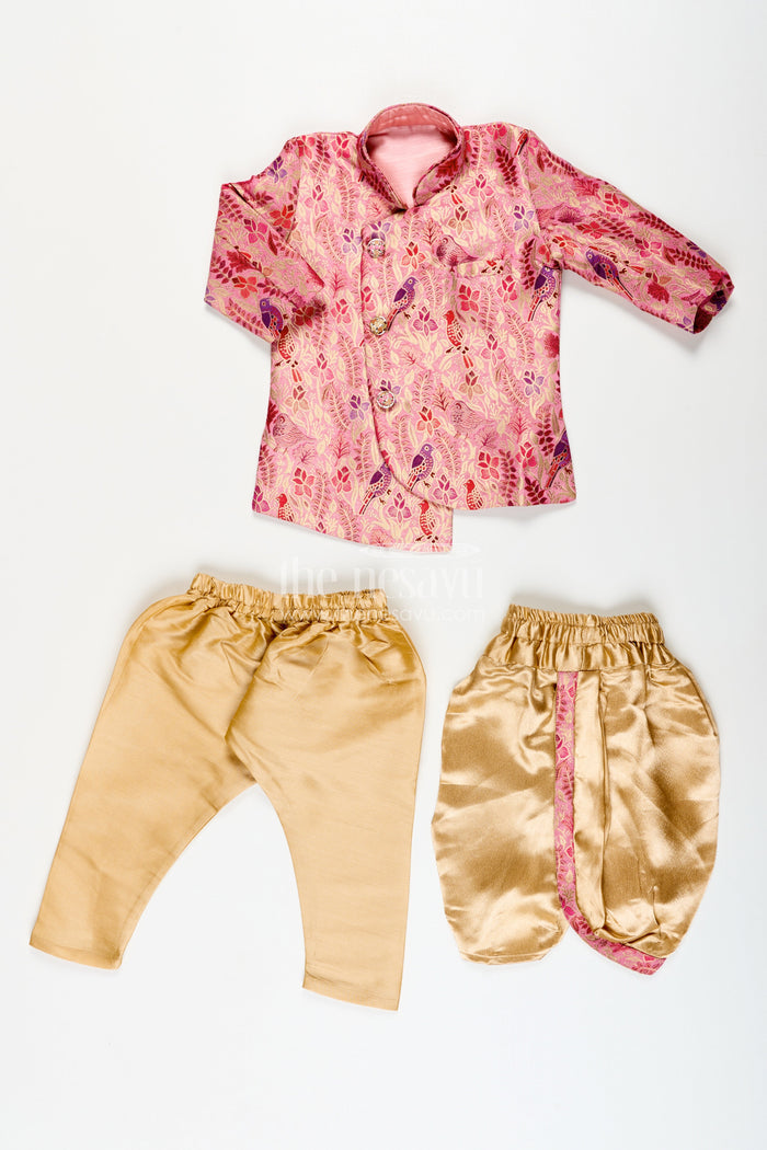 The Nesavu Boys Dothi Set Boys kurta pajama set with bird print for cultural and temple wear Nesavu Nesavu boys kurta pajama set nature-inspired digital bird print cultural events