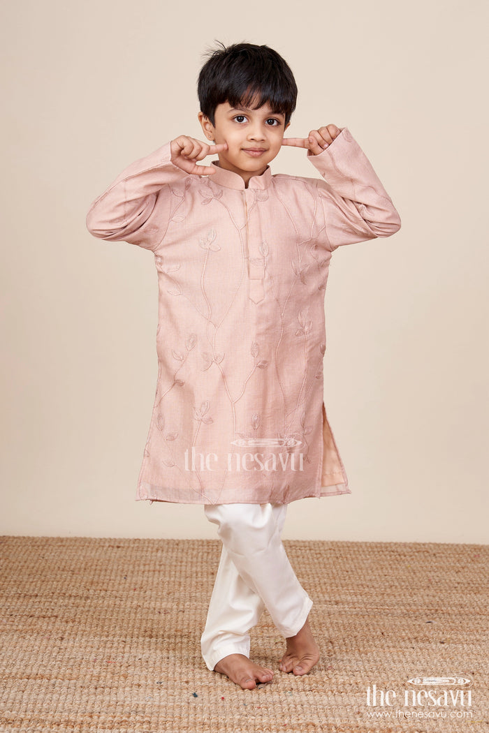 The Nesavu Boys Kurtha Set Boys Kurta Set for Ethnic Functions and Family Celebrations Nesavu 18 (2Y) / Peach BES764C-18 Nesavu boys cotton kurta set thread embroidery  ideal ethnic celebrations pujas