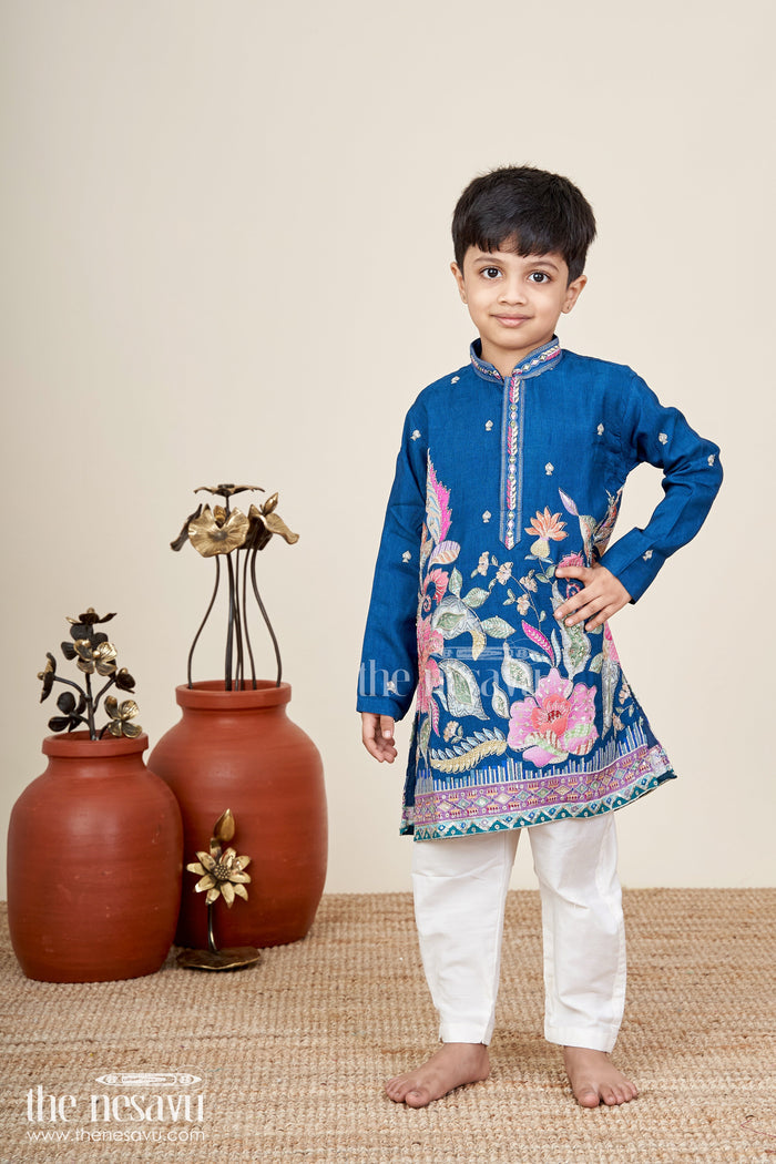 The Nesavu Boys Kurtha Set Boys kurta set for weddings and festive functions Nesavu Nesavu boys silk kurta set floral embroidery  traditional outfit weddings functions