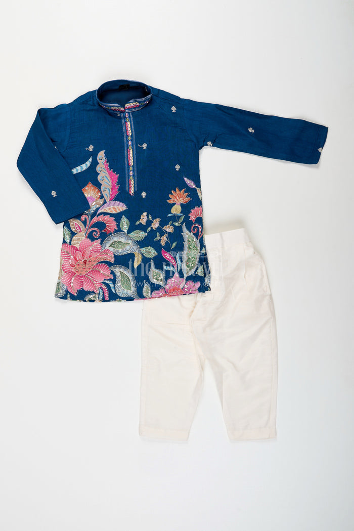The Nesavu Boys Kurtha Set Boys kurta set for weddings and festive functions Nesavu Nesavu boys silk kurta set floral embroidery  traditional outfit weddings functions