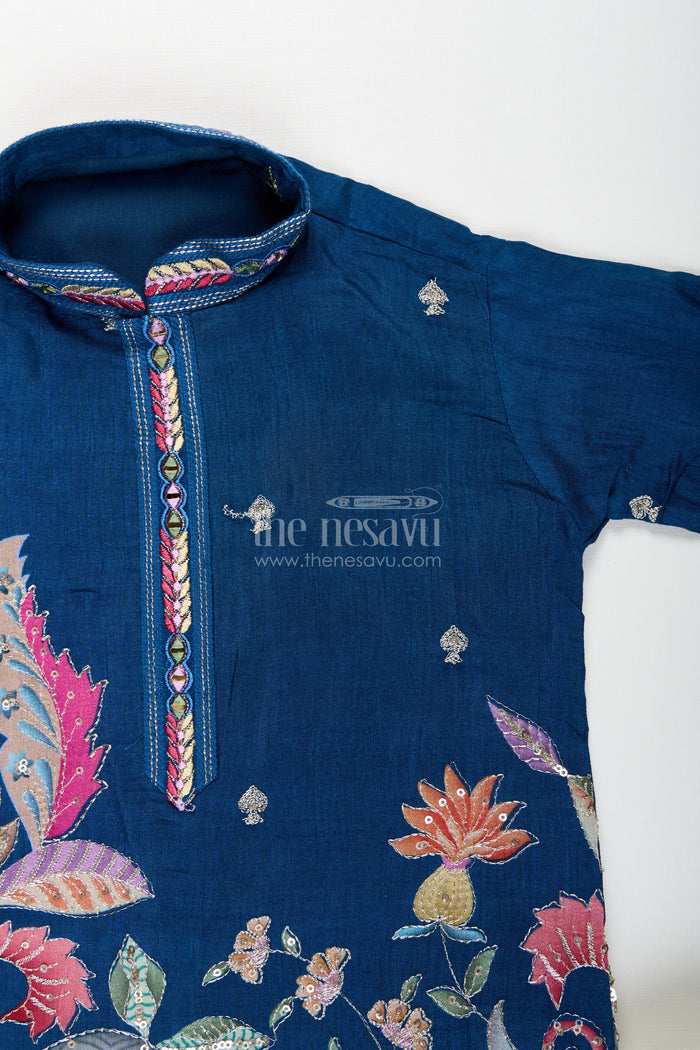 The Nesavu Boys Kurtha Set Boys kurta set for weddings and festive functions Nesavu Nesavu boys silk kurta set floral embroidery  traditional outfit weddings functions