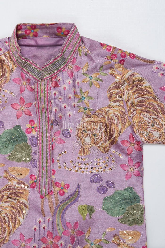 The Nesavu Boys Kurtha Set Boys Kurta Set with Bold Tiger Embroidery for Wedding and Ethnic Day Nesavu Nesavu boys kurta set tiger print sequin embroidery festive events school functions