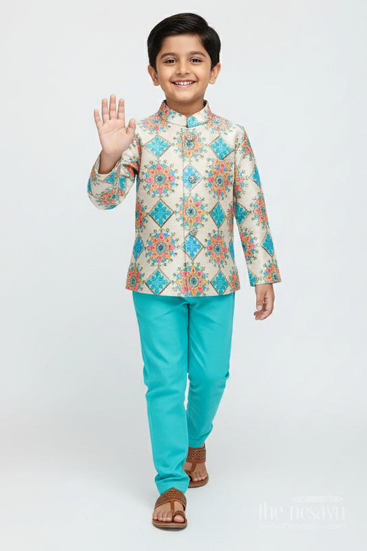 The Nesavu Boys Dothi Set Boys Kurta Set with Dhoti and Pajama for Cultural Events and Functions Nesavu 12 (3M) / Blue BES805A-12 Nesavu boys kurta dhoti pajama set mandala print traditional festive events