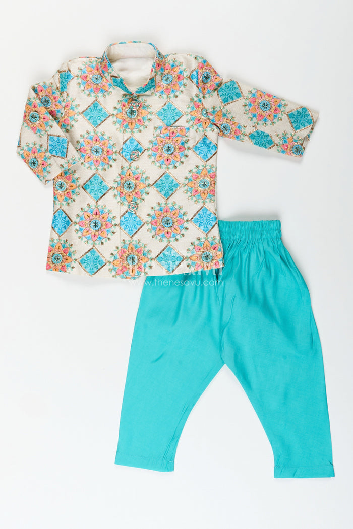 The Nesavu Boys Dothi Set Boys Kurta Set with Dhoti and Pajama for Cultural Events and Functions Nesavu 12 (3M) / Blue BES805A-12 Nesavu boys kurta dhoti pajama set mandala print traditional festive events