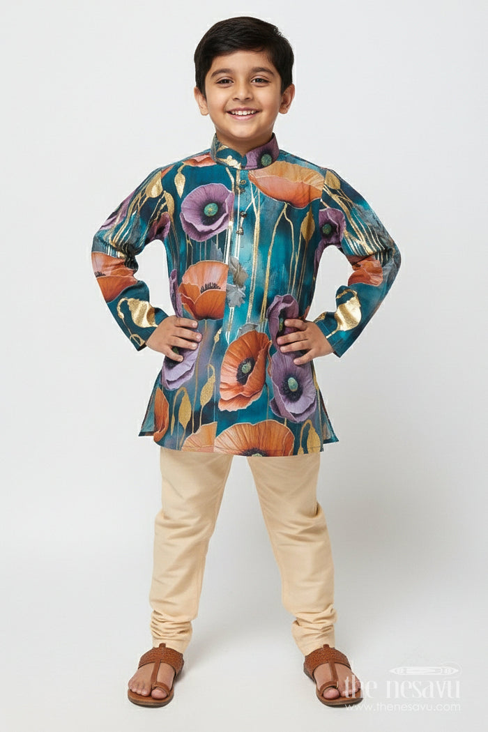The Nesavu Boys Kurtha Set Boys Kurta Set with Foil Print for Festive Functions and Ethnic Day Nesavu 14 (6M) / Orange BES842A-14 Nesavu boys kurta set floral foil print festive ethnic wear weddings cultural events