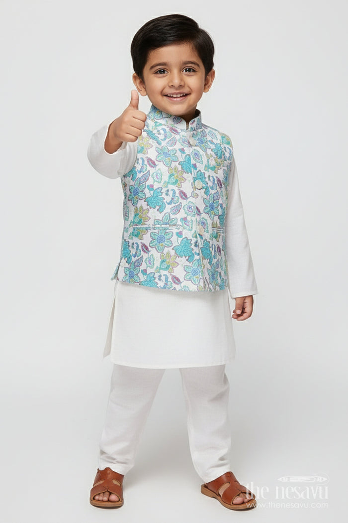 The Nesavu Boys Jacket Sets Boys Kurta Set with Jacket for Weddings and Festive Celebrations Nesavu 14 (6M) / Green BES926B-14 Nesavu boys silk kurta set sleeveless embroidered jacket perfect weddings ethnic events