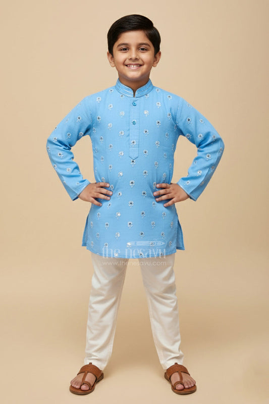 The Nesavu Boys Kurtha Set Boys Kurta Set with Sequin Embroidery Ethnic Festive Wear for Toddler Boys Nesavu 16 (1Y) / Blue BES755A-16 Nesavu Boys Silk Kurta Set Sequin Embroidery Ethnic Festive Wear Toddler Boys